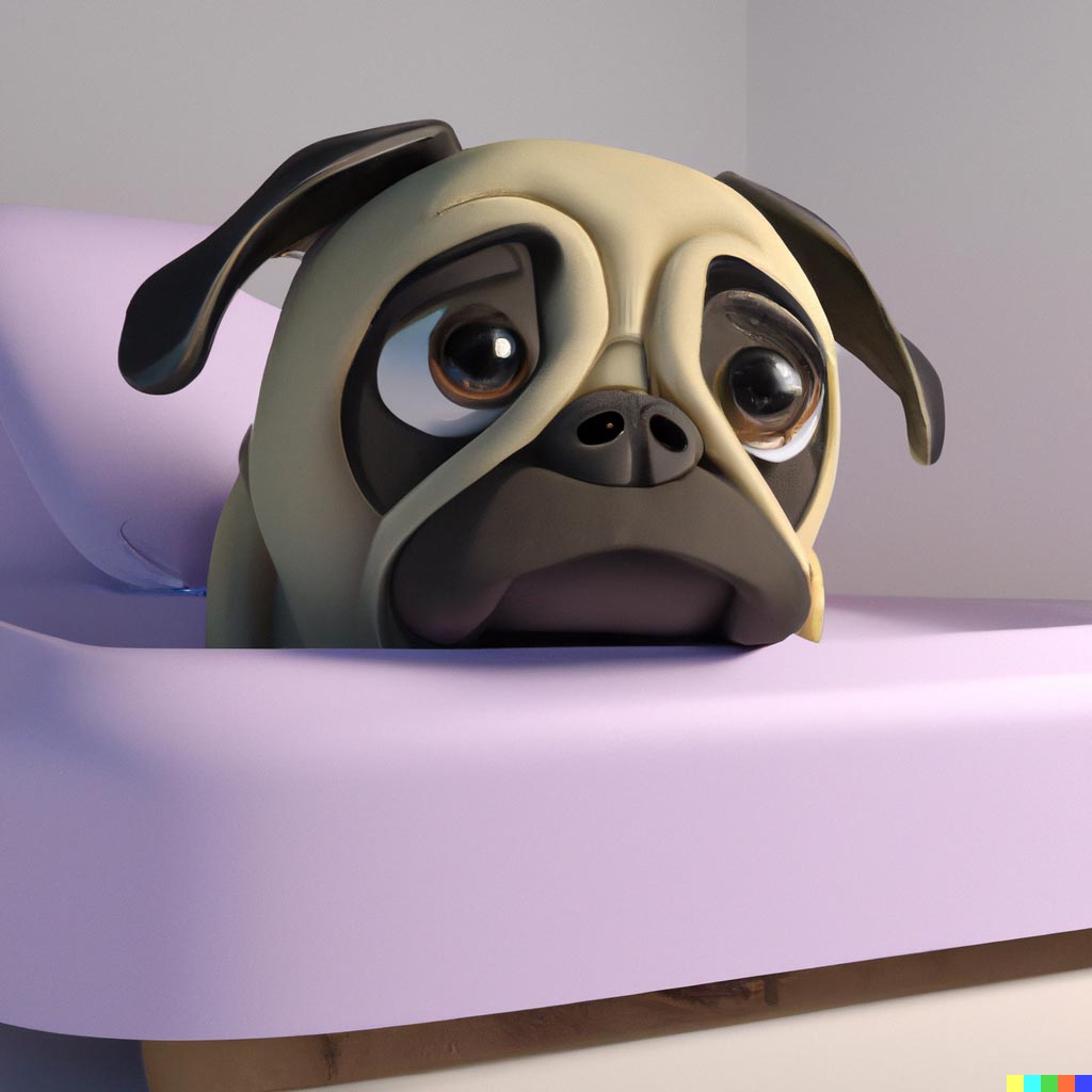 DALL·E prompt: A sad looking pug dog laying in a dog bed in the style of pixar, 3d render